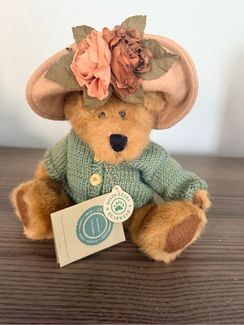 Boyds Bears Plush Bear in Green Sweater with Peach Floral Hat